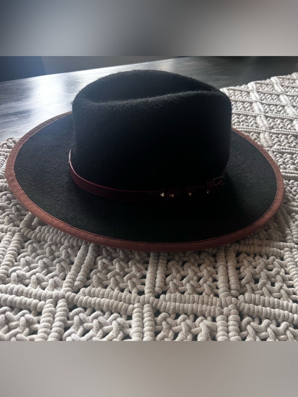 Anthropologie New Black Wool Felt Wide-Brim Hat with Brown Leather Band NWOT - Picture 8 of 16